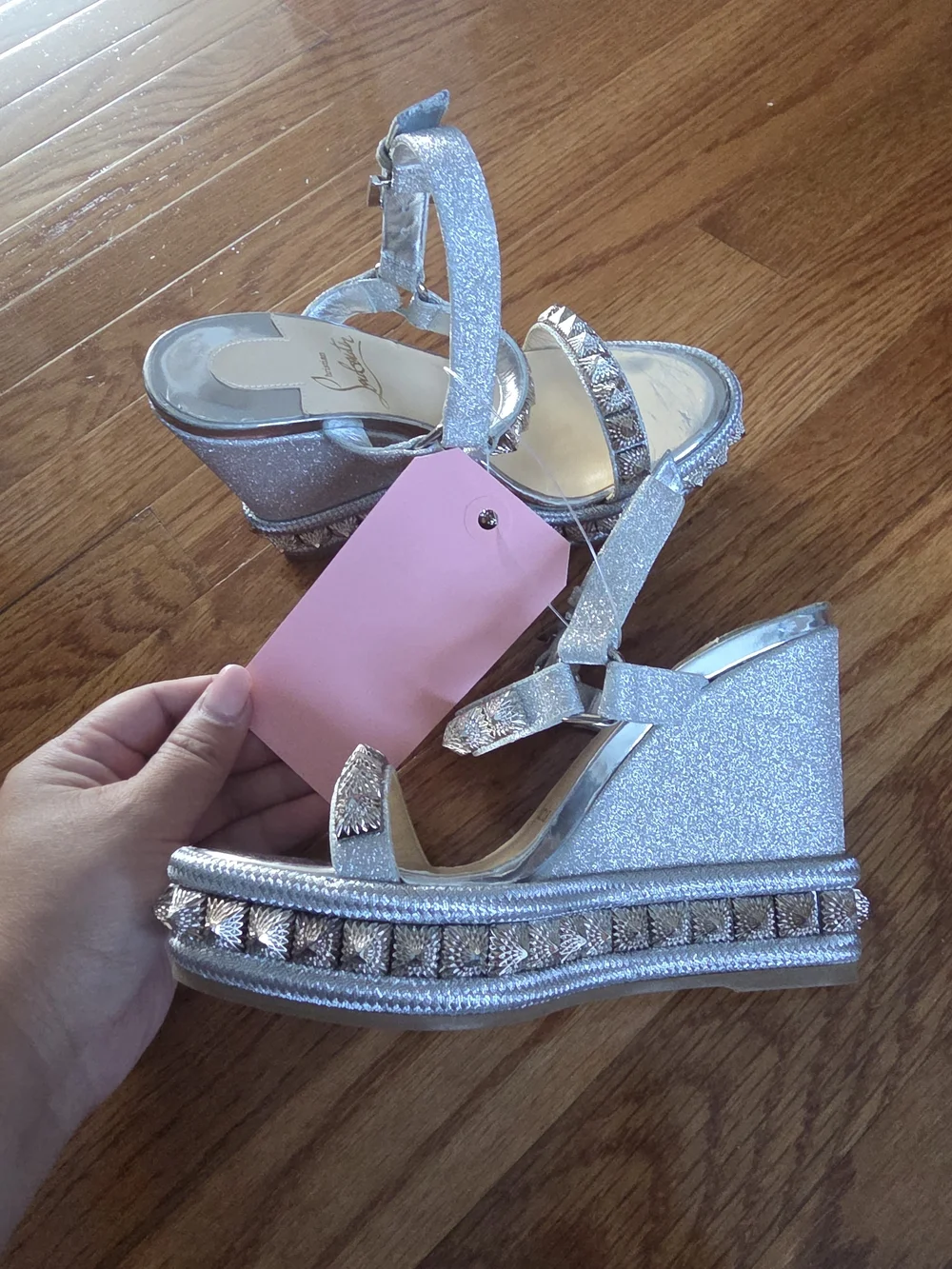 Christian Louboutin Silver Glitter Wedge Sandals with Studded Platform